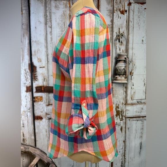 Talbots Gauzy Colorful Check Plaid Blouse Button Up Long Tab Sleeve Size Medium - Picture 2 of 8